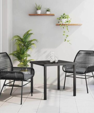 3-teiliges Garten-Esszimmer-Set mit Kissen in Schwarz aus Poly Rattan