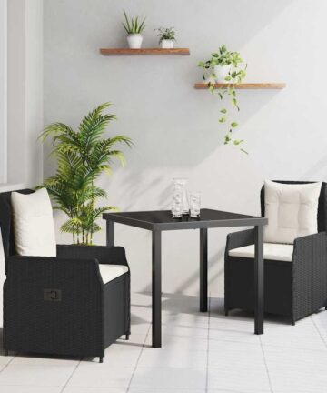 3-teilige Garten-Essgruppe in Schwarz aus Poly-Rattan