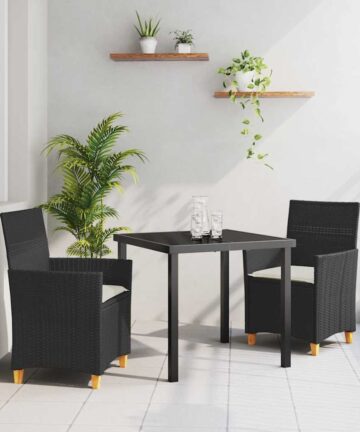 3-teiliges Garten-Ess-Set mit Kissen, Schwarz, Poly Rattan