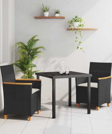 3-teiliges Garten-Esszimmer-Set mit Kissen – Schwarz, Poly-Rattan.