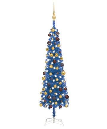 Weihnachtsbaum Schlank mit Beleuchtung & Kugeln Blau 120 cm