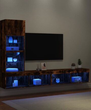 4-tlg. Wohnwand mit LED-Beleuchtung Räuchereiche Holzwerkstoff