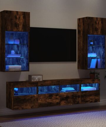5-tlg. Wohnwand mit LED-Beleuchtung Räuchereiche Holzwerkstoff