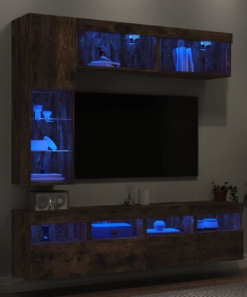 7-tlg. TV-Wohnwand mit LED-Leuchten Räuchereiche