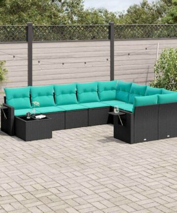 10-teiliges Gartensofa-Set mit Kissen, schwarzes Polyrattan