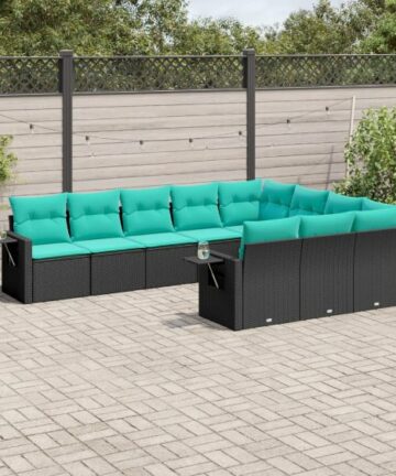 10-teiliges Gartensofa-Set mit Kissen, schwarzes Polyrattan