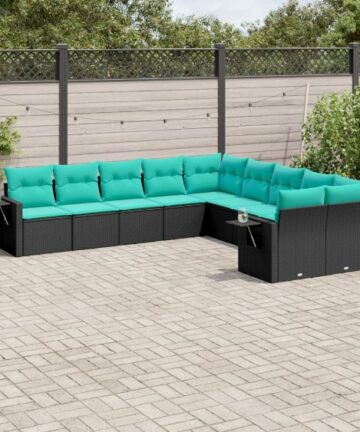10-teiliges Gartensofa-Set mit Kissen, schwarzes Polyrattan