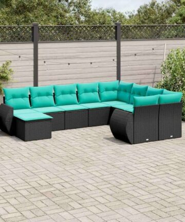 10-teiliges Gartensofa-Set mit Kissen, schwarzes Polyrattan