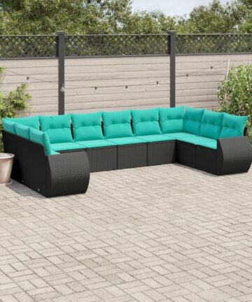 10-teiliges Gartensofa-Set mit Kissen, schwarzes Polyrattan