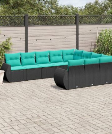 10-teiliges Gartensofa-Set mit Kissen, schwarzes Polyrattan