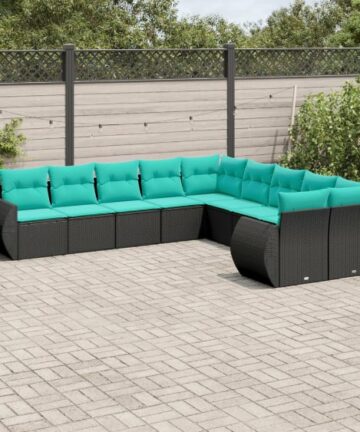 10-teiliges Gartensofa-Set mit Kissen, schwarzes Polyrattan