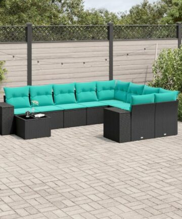 10-teiliges Gartensofa-Set mit Kissen, schwarzes Polyrattan