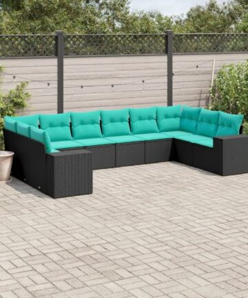 10-teiliges Gartensofa-Set mit Kissen, schwarzes Polyrattan
