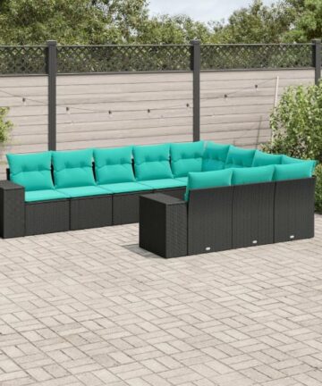 10-teiliges Gartensofa-Set mit Kissen, schwarzes Polyrattan