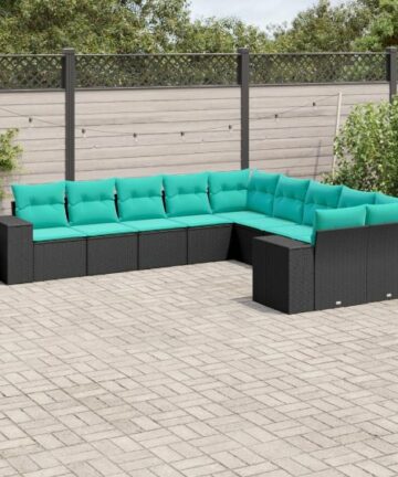 10-teiliges Gartensofa-Set mit Kissen, schwarzes Polyrattan