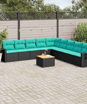 10-teiliges Gartensofa-Set mit Kissen, schwarzes Polyrattan