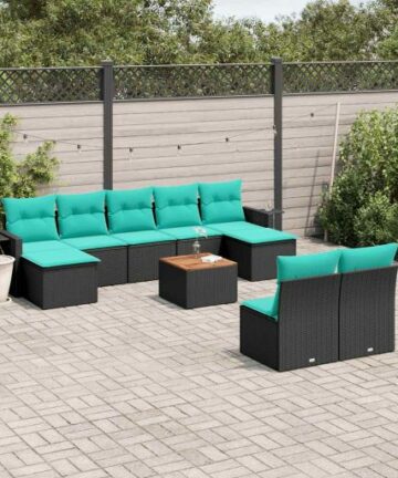 10-teiliges Gartensofa-Set mit Kissen, schwarzes Polyrattan