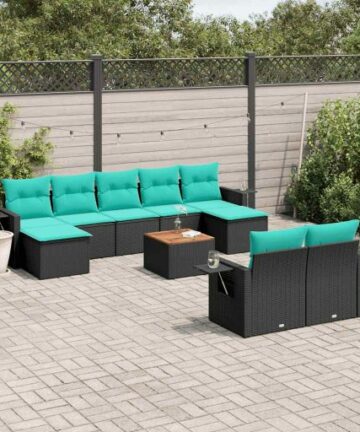 10-teiliges Gartensofa-Set mit Kissen, schwarzes Polyrattan