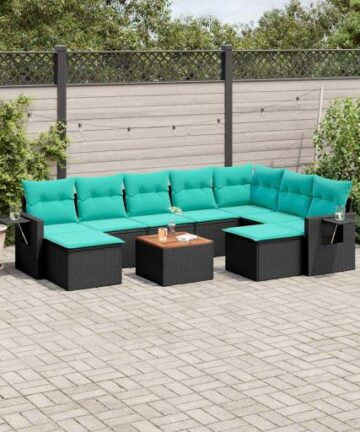 10-teiliges Gartensofa-Set mit Kissen, schwarzes Polyrattan