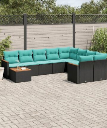 10-teiliges Gartensofa-Set mit Kissen, schwarzes Polyrattan