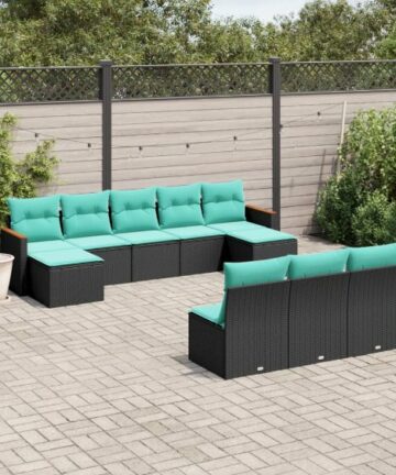 10-teiliges Gartensofa-Set mit Kissen, schwarzes Polyrattan