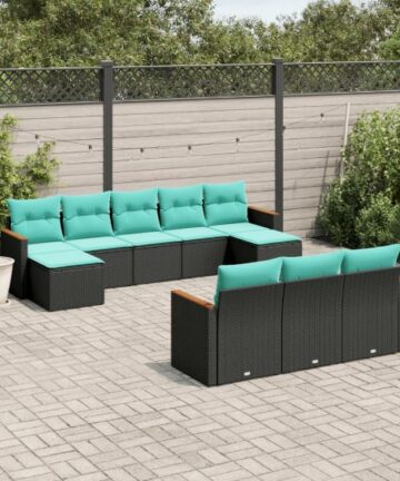 10-teiliges Gartensofa-Set mit Kissen, schwarzes Polyrattan
