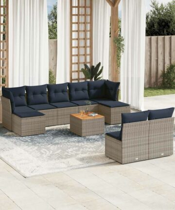 10-teiliges Gartensofa-Set mit Kissen, grau, Polyrattan