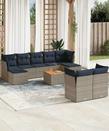 10-teiliges Gartensofa-Set mit Kissen, grau, Polyrattan