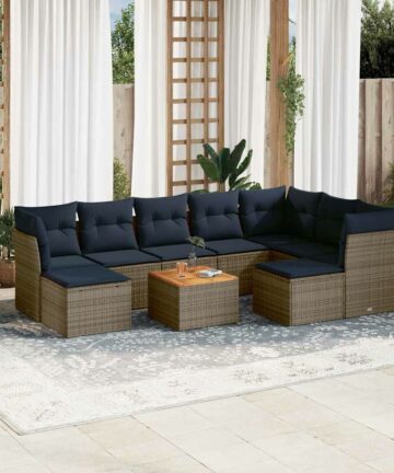 10-teiliges Gartensofa-Set mit Kissen, grau, Polyrattan