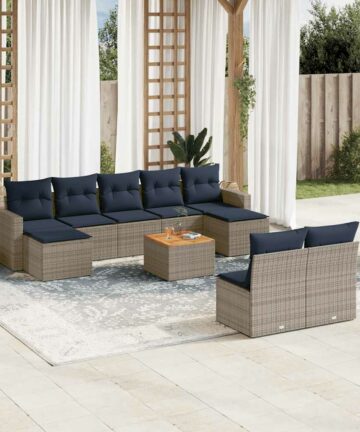 10-teiliges Gartensofa-Set mit Kissen, grau, Polyrattan
