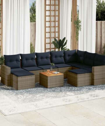 10-teiliges Gartensofa-Set mit Kissen, grau, Polyrattan