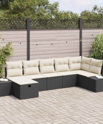 7-teiliges Garten Sofa Set mit Kissen Schwarz Poly Rattan