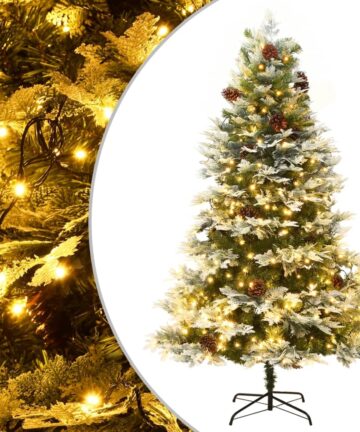 Weihnachtsbaum mit Beleuchtung und Kiefernzapfen Grün 225 cm