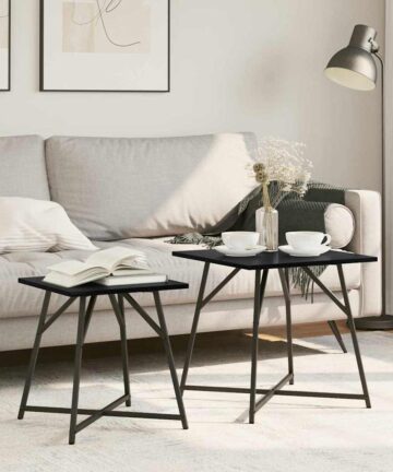 Beistelltisch 2er Set Schwarz Eichenholz, bearbeitetes Holz und Metall